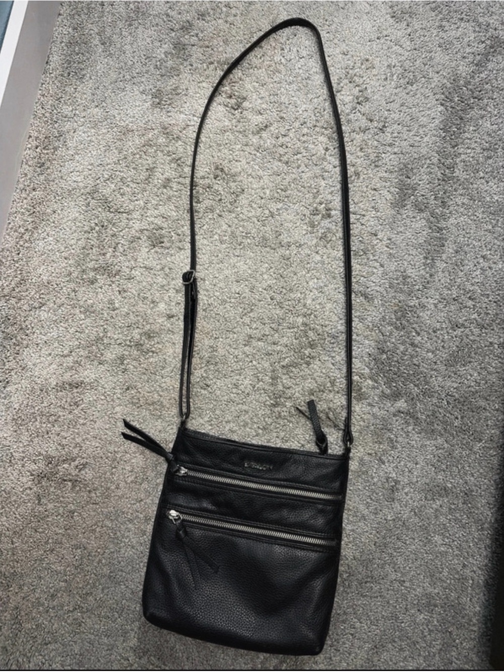 Black Pebbled Leather Crossbody Bag with Dual Zip Pockets